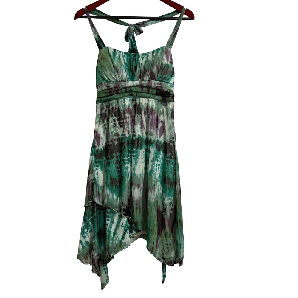 City Studio Womens Green Purple Tie Dye Handkerchief Hem Halter Dress Small‎